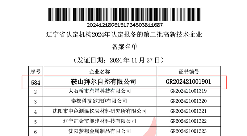 熱烈祝賀鞍山拜爾自控有限公司通過“高新技術企業(yè)”復審